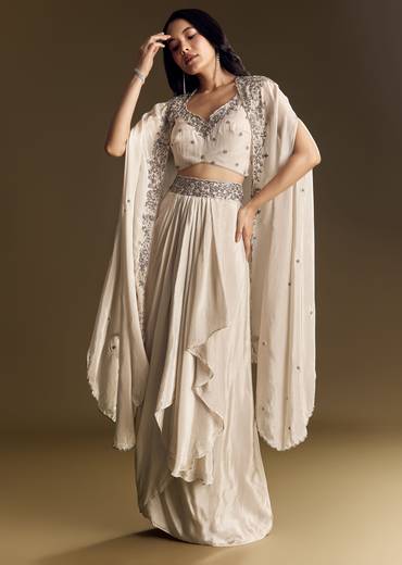 Ivory Crop Top Skirt Set With Cape And Silver Zardozi Work