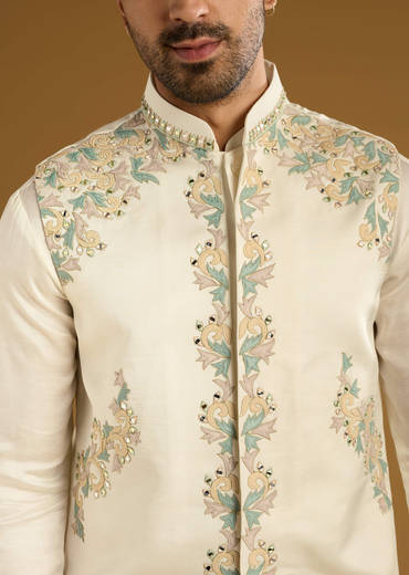 Ivory Linen Kurta Jacket Set For Men With Hand Embroidery