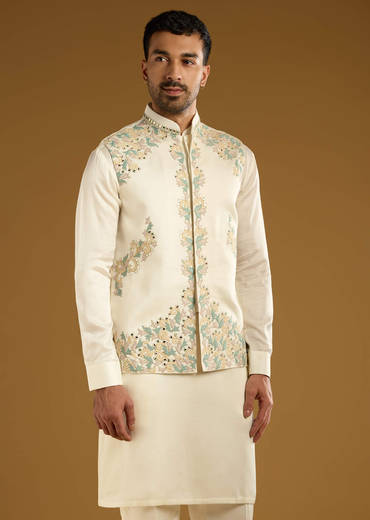 Ivory Linen Kurta Jacket Set For Men With Hand Embroidery