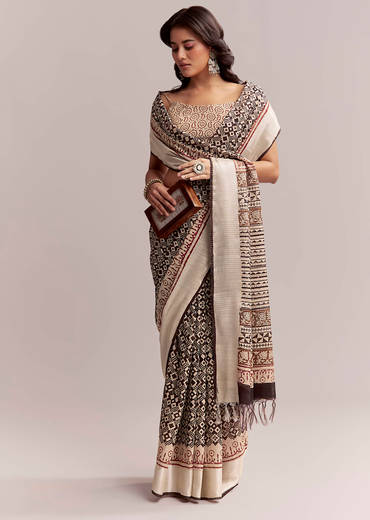 Ivory Linen Printed Saree With Authentic Ajrakh Print