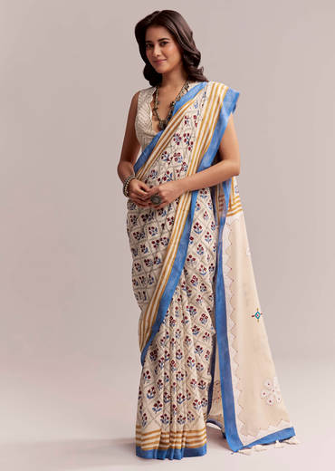 Ivory Linen Printed Saree With Handcrafted Ajrakh Patch Work