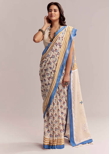 Ivory Linen Printed Saree With Handcrafted Ajrakh Patch Work