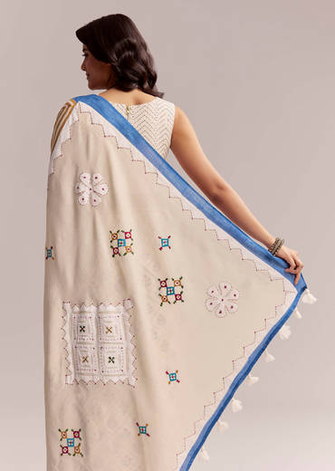 Ivory Linen Printed Saree With Handcrafted Ajrakh Patch Work