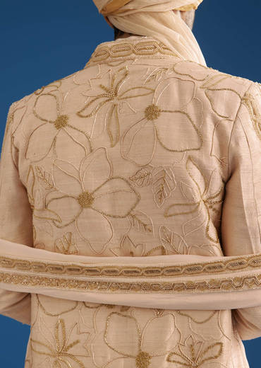 Ivory Raw Silk Sherwani Set With Mixed Hand Work And Organza Satin Accents