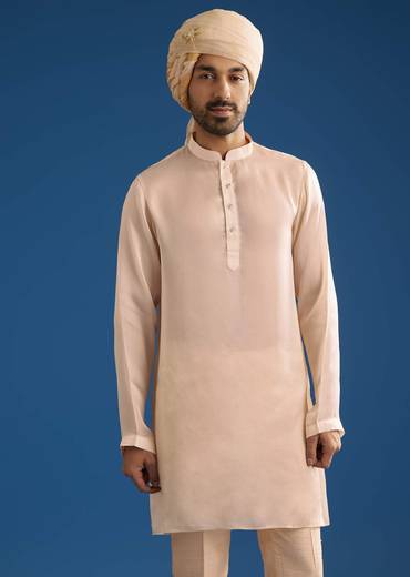 Ivory Raw Silk Sherwani Set With Mixed Hand Work And Organza Satin Accents