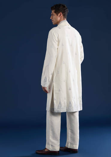 Ivory Sequin Embroidered Mens Kurta Set with Dupatta