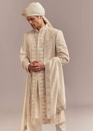Ivory Silk Sherwani For Groom With Geometric And Floral Embroidery
