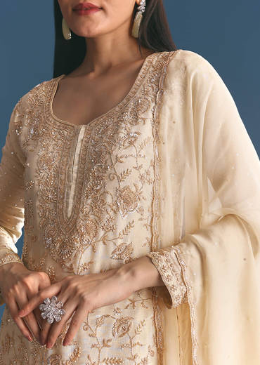 Ivory Tissue Kurta Sharara Suit With Sequins And Cut Dana Work