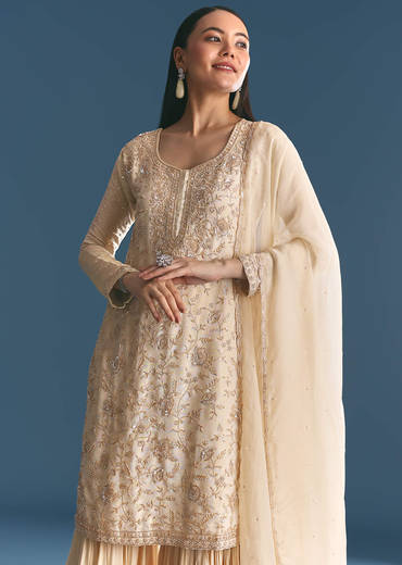 Ivory Tissue Kurta Sharara Suit With Sequins And Cut Dana Work