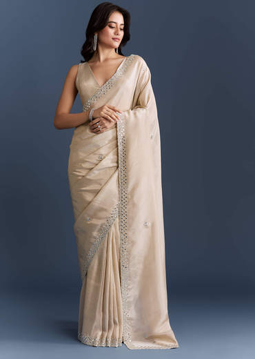 Ivory Tissue Saree With Heavy Hand Embroidery