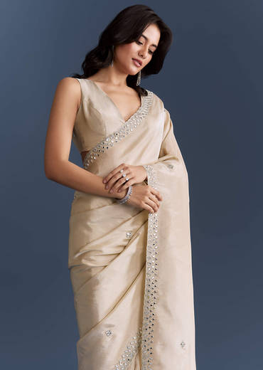 Ivory Tissue Saree With Heavy Hand Embroidery