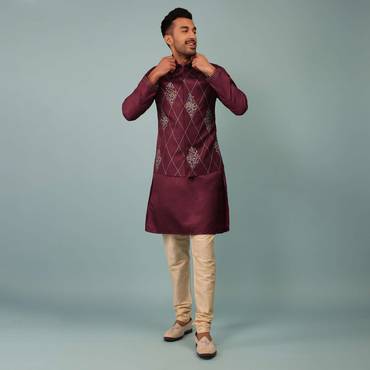 Burgundy Red Bandi Jacket Set In Raw Silk With Multicolor Floral Butti & Aari Embroidery