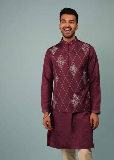 Burgundy Red Bandi Jacket Set In Raw Silk With Multicolor Floral Butti & Aari Embroidery
