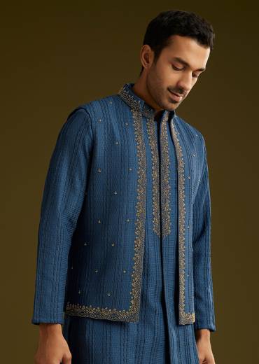 Knit Kurta Jacket Set With Moti Work In Navy Blue
