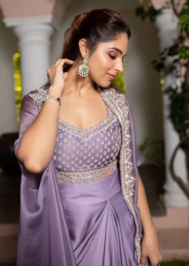 Lavendar Embroidered Crop Top And Sequin Work Jacket With Draped Skirt