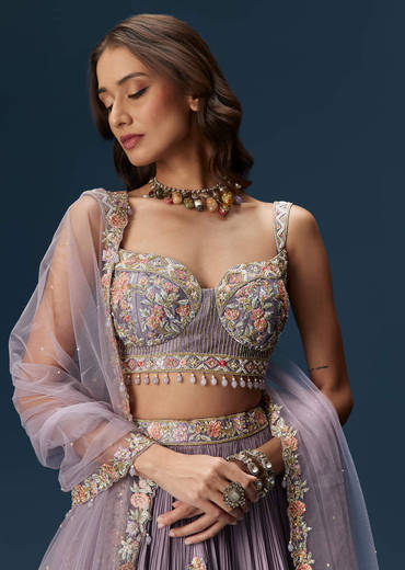 Lavender Bridesmaid Lehenga With Sweetheart Neckline Blouse And Embroidered Dupatta