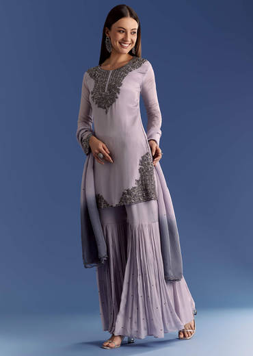 Lavender Chinon Beaded Work Kurta Set And Ombre Dupatta