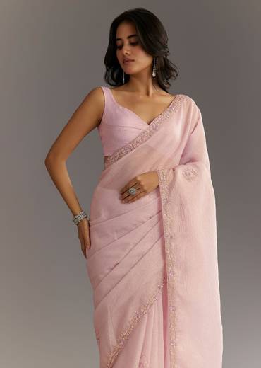 Lavender Glossy Finish Crushed Tissue Saree With Cutdana Moti Embroidery
