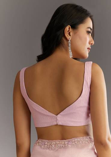 Lavender Glossy Finish Crushed Tissue Saree With Cutdana Moti Embroidery