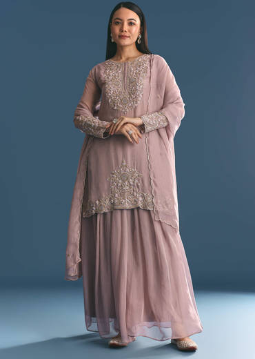 Lavender Organza Kurta Palazzo Suit With Zardosi Work
