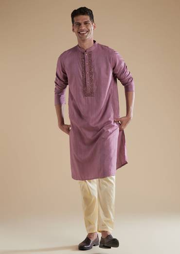 Lavender Purple Silk Mens Kurta Set with Thread Resham Detail Work