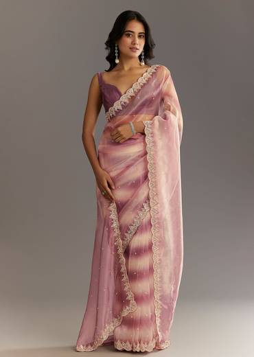 Lavender Shibori Organza Saree With Cutwork Scallop Embroidered Border
