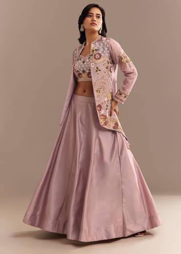 Lavender Silk Embroidered Jacket Lehenga Set