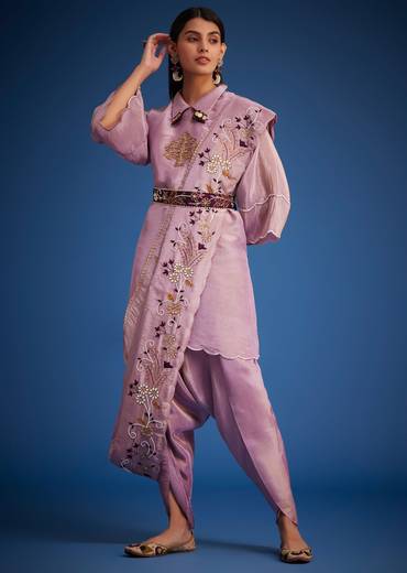 Lavender Tissue Embroidered Dhoti Set