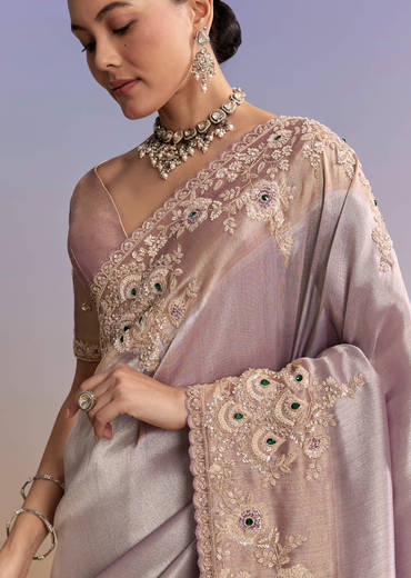 Lavender Tissue Embroidered Saree With Zari Border And Bead Work
