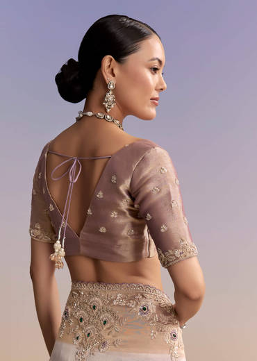 Lavender Tissue Embroidered Saree With Zari Border And Bead Work