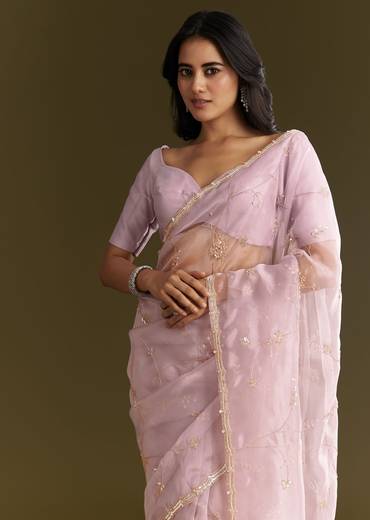 Lavender Tissue Saree With Cutdana And Sequins Embroidery And Scallop Border