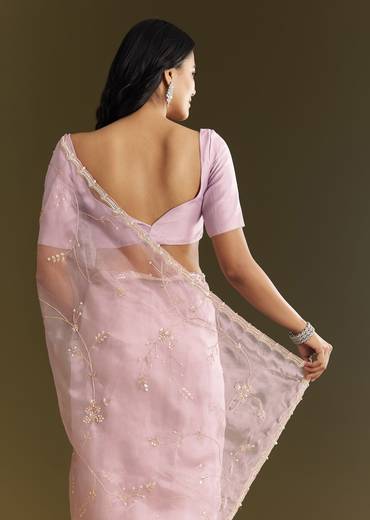 Lavender Tissue Saree With Cutdana And Sequins Embroidery And Scallop Border