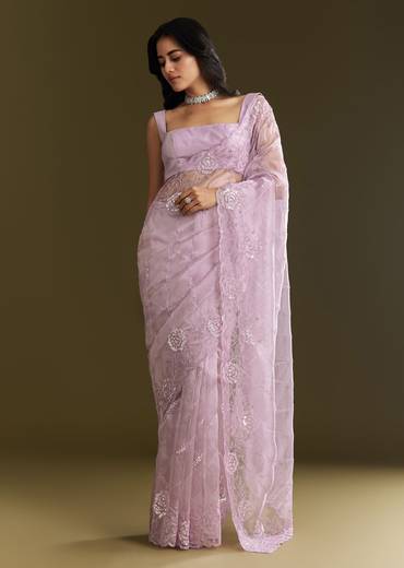 Lavender Tissue Saree With Floral Embroidery And Scallop Border