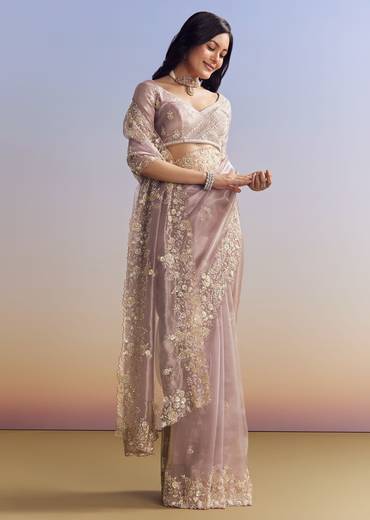 Lavender Tissue Saree With Floral Motifs In Moti Beads And Sequins