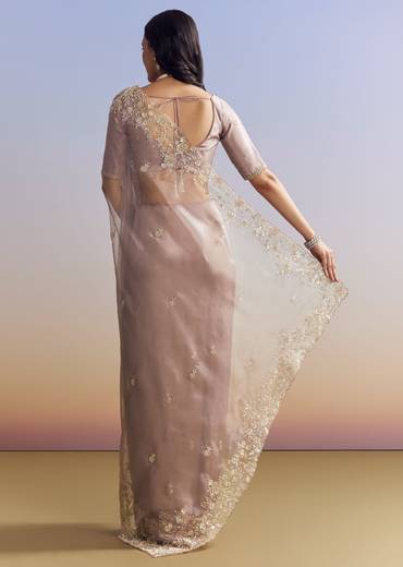 Lavender Tissue Saree With Floral Motifs In Moti Beads And Sequins