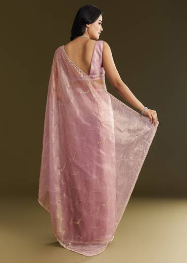 Lavender Tissue Saree With Moti And Cutdana Embroidery And Scallop Border