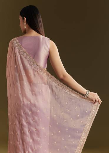Lavender Tissue Silk Embroidered Saree With Scallop Border