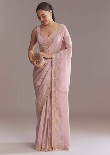 Lavender Tissue Saree With Heavy Hand Embroidery