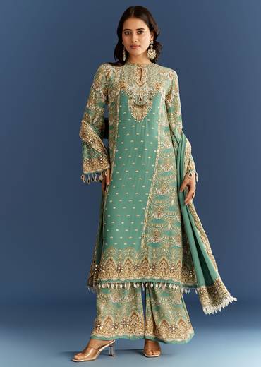 Light Aqua Green Crepe Printed Kurta Palazzo With Dupatta