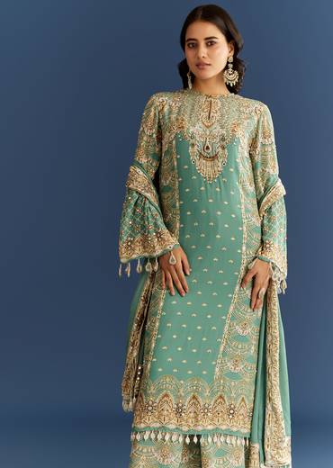 Light Aqua Green Crepe Printed Kurta Palazzo With Dupatta