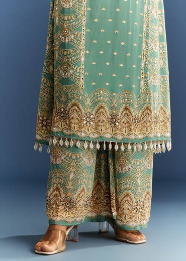 Light Aqua Green Crepe Printed Kurta Palazzo With Dupatta