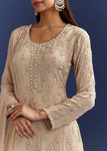 Light Beige Moti And Cutdana Kurta Dupatta With Moti Butti Sharara