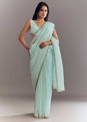 Light Blue Tissue Saree With Cutdana And Beads Embroidery And Cutwork Scallop Border