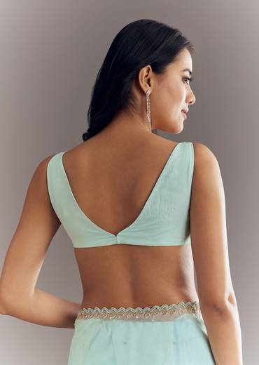 Light Blue Tissue Saree With Cutdana And Beads Embroidery And Cutwork Scallop Border