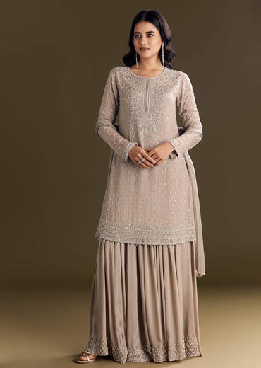 Light Brown Kurta Set With Sequins Palazzo And Dupatta