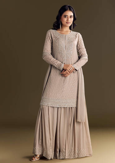 Light Brown Kurta Set With Sequins Palazzo And Dupatta