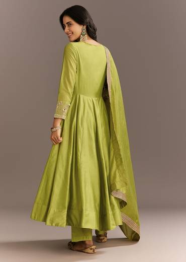 Light Green Chanderi Anarkali With Gotta Moti Neckline And Lace Dupatta