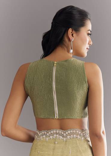 Light Green Glossy Crushed Tissue Saree With Cutdana Sequins Embroidery And Scallop Border