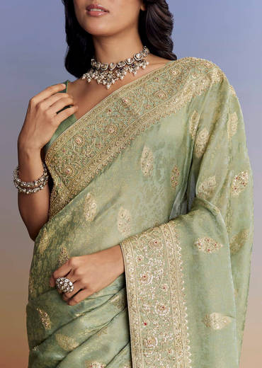 Light Green Jacquard Silk Saree With Zari Woven Embroidery