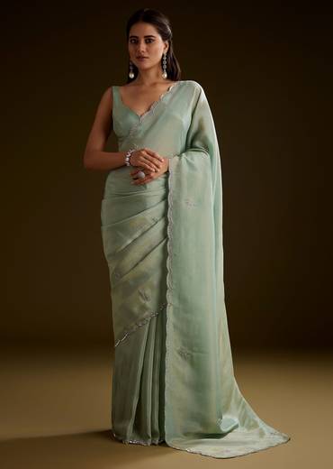 Light Green Tissue Saree With Cutdana Embroidery And Scallop Border